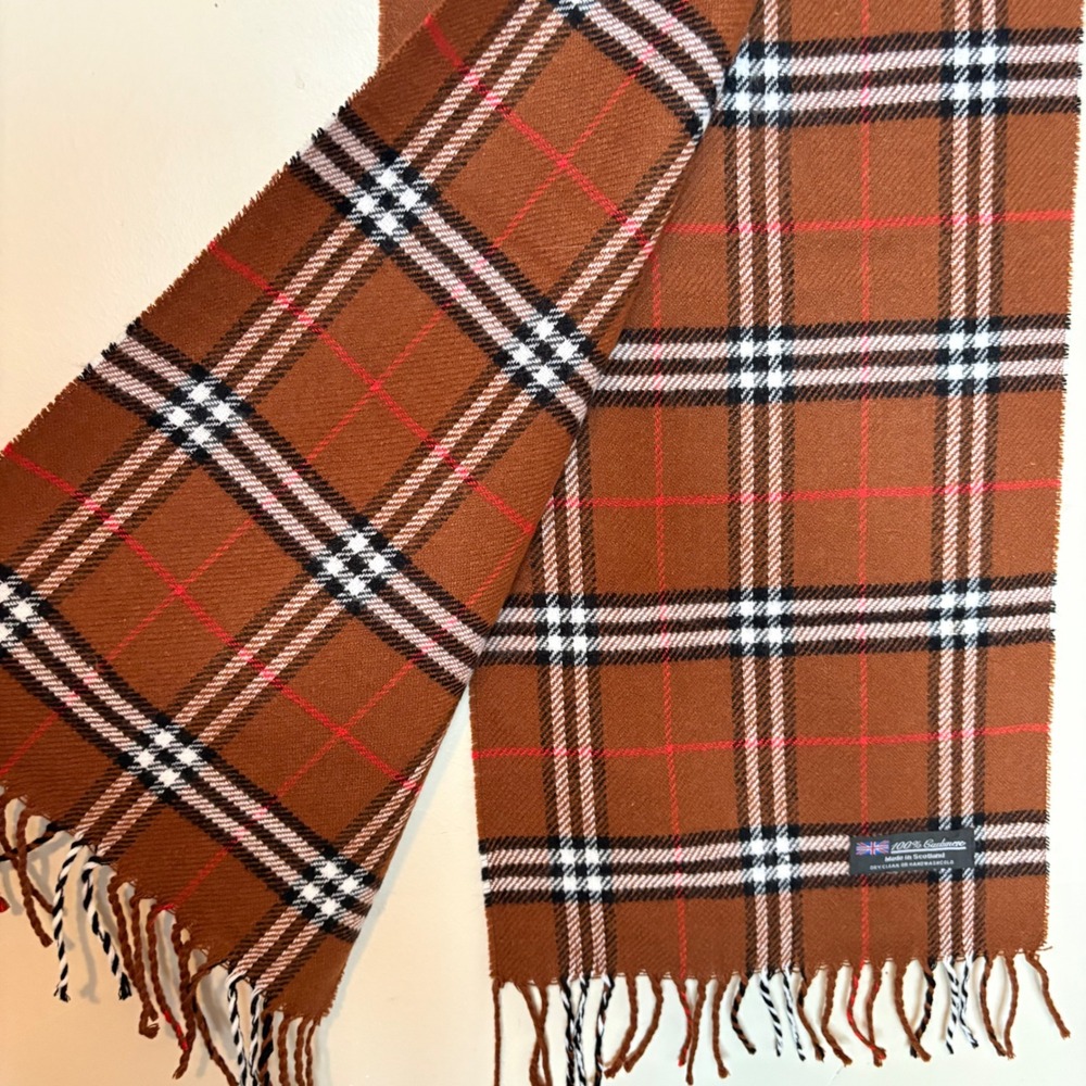 Men's 100% Cashmere Scarf Plaid Made in Scotland Brown Red White Black 68" x 12"